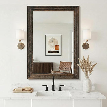 Wood Framed Mirrors for Wall, Brown Bathroom Vanity Mirror for Over Sink 26 x 38, Rustic Wall Mirror for Bathroom Sink Hallway Entryway Bedroom Living Room Farmhouse Boho Style