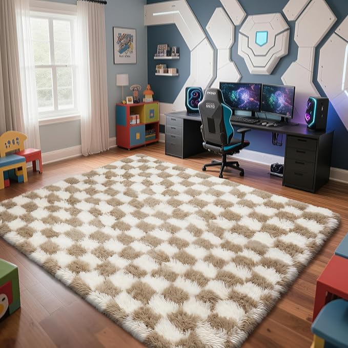 Checkered Rug for Living Room, 6x9 Beige and White Area Rugs, Classic Checkered Carpets Shag Area Rug, Bedside Rugs for Living Room Bedroom Kids Room Home Decor