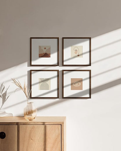 HAUS AND HUES Walnut Oak Wood 10x10 Picture Frames - Set of 4, Square Frames with Mat, Premium Frames for Gallery Walls (10x10 in, Walnut, Set of 4)