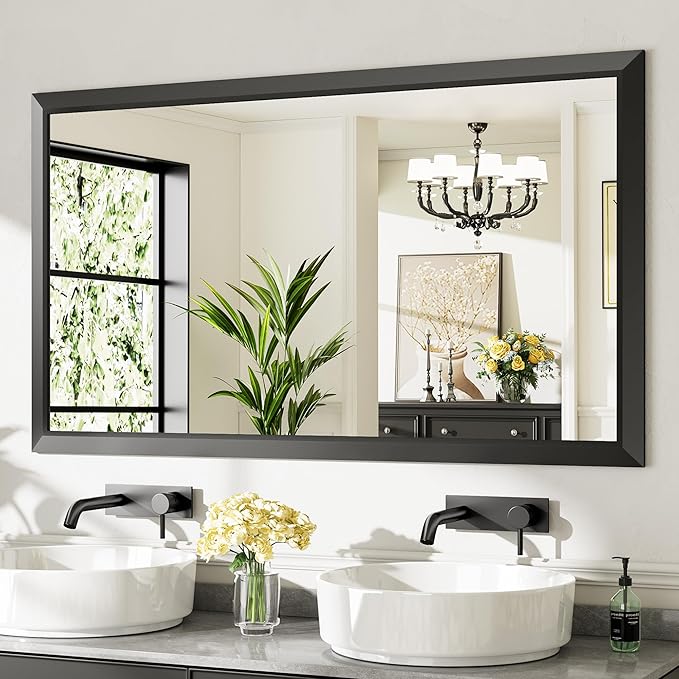 Briivue 55x32 Inch Black Bathroom Mirror for Wall, Thick Metal Framed Rectangle Mirrors for Over Sink, Bedroom, Living Room, Entryway, Anti-Rust, HD Tempered Glass