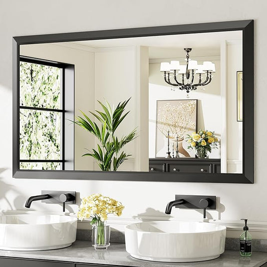 Briivue 55x32 Inch Black Bathroom Mirror for Wall, Thick Metal Framed Rectangle Mirrors for Over Sink, Bedroom, Living Room, Entryway, Anti-Rust, HD Tempered Glass