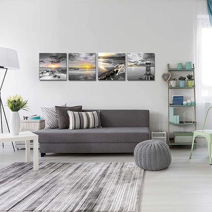 Bamdeya Black and White Gold Beach Wall Art Sea Sunrise Scenery Picture Canvas Print Framed Seascape Painting for Living Room Bathroom Wall Decor Home Decoration