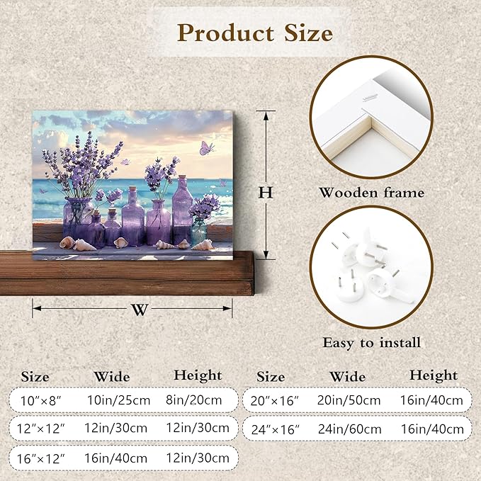 LB Ocean Purple Lavender Wall Art Coastal Beach Purple Flower with Butterfly Canvas Wall Art Blue Sky and White Cloud Wall Decor for Living Room Bedroom Bathroom Office Framed Ready to Hang 16L x 20W