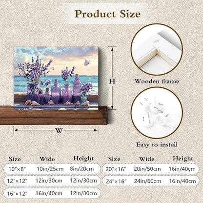 LB Ocean Purple Lavender Wall Art Coastal Beach Purple Flower with Butterfly Canvas Wall Art Blue Sky and White Cloud Wall Decor for Living Room Bedroom Bathroom Office Framed Ready to Hang 16L x 20W