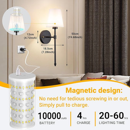 Vimhou Peel and Stick Wall Sconces, Stick On Wall Sconce Set of 2, Battery Operated Wireless Wall Light, No Drill Adhesive Wall Lamp, Corn Bulb with 10000mAh Rechargeable Battery, Bedroom Wall Decor