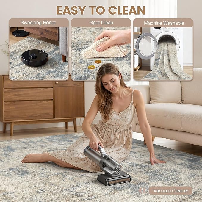cotiled 3x5 Area Rugs for Living Room - Washable Neutral Abstract Carpet Non Slip Soft Rug for Bedroom & Dining Table, Robot Vacuum & Pet Friendly Floor Decor Grey Light Blue
