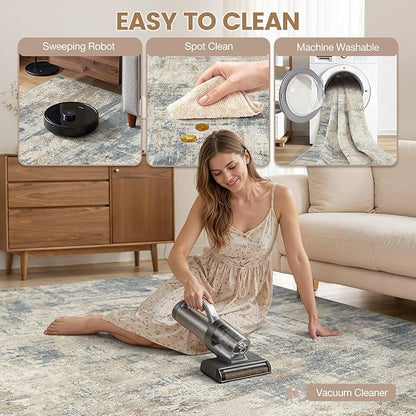 cotiled 3x5 Area Rugs for Living Room - Washable Neutral Abstract Carpet Non Slip Soft Rug for Bedroom & Dining Table, Robot Vacuum & Pet Friendly Floor Decor Grey Light Blue
