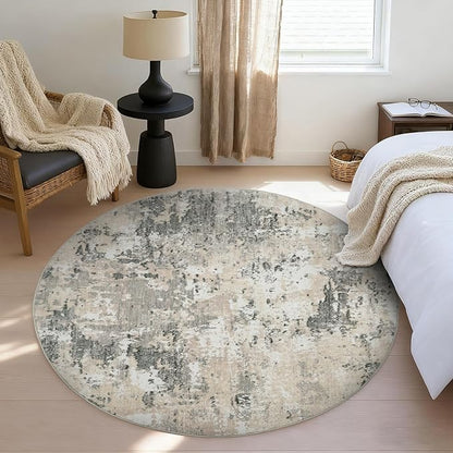 ROYHOME Modern Abstract 6x6 Round Area Rug Non Slip Non Shedding Rug Low Pile Stain Resistant for Bedroom Living Room Office Dining Room,Grey Yellow