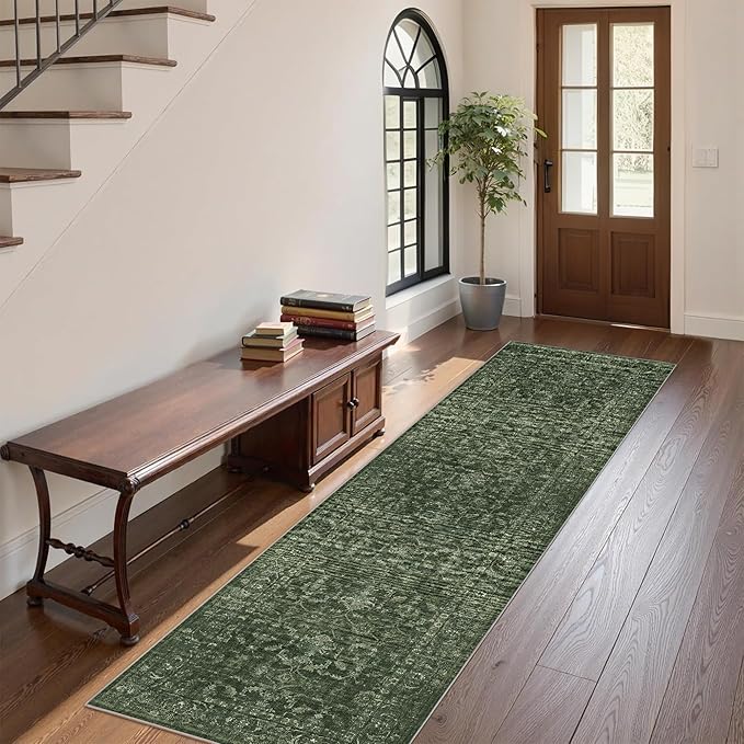 2x7 Green Runner Rug Hallway Washable Area Rugs Kitchen Vintage Boho Non Slip Long Rug Floral Carpet Indoor Retro Soft Low Pile Throw Rug for Bedroom Bathroom Laundry Dining Living Room Office