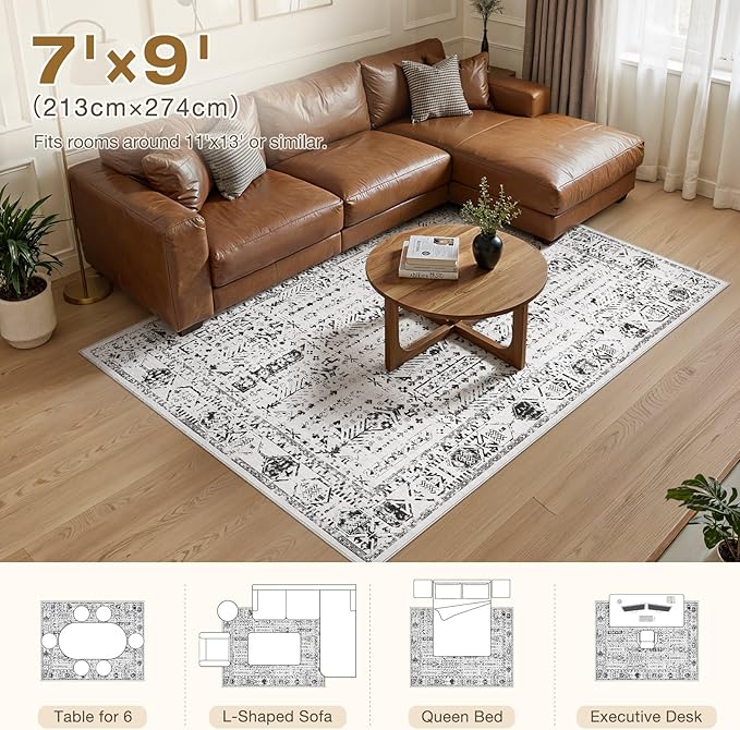 Area Rug for Living Room - 7x9 Soft Washable Oriental Vintage Floral Distressed Large Carpet - Fade Stain Resistant Non Slip Rugs for Bedroom Dining Room Nursery Dorm Office Home Decor - White Black