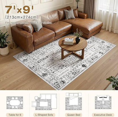 Area Rug for Living Room - 7x9 Soft Washable Oriental Vintage Floral Distressed Large Carpet - Fade Stain Resistant Non Slip Rugs for Bedroom Dining Room Nursery Dorm Office Home Decor - White Black