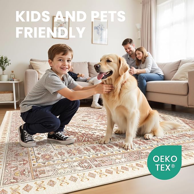 zesthome 8x10 Area Rugs for Living Room,Non-Slip Backing Washable Rugs,Vintage Large Area Rug，Stain Resistant Home Decor Rug