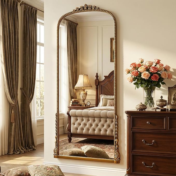 Antok Floor Mirror, 71"×32" Vintage Full Length Mirror Carved Full Body Mirror with Stand, Hanging Mounted for Bedroom Living Room Cloakroom,Gold,Luxury Style