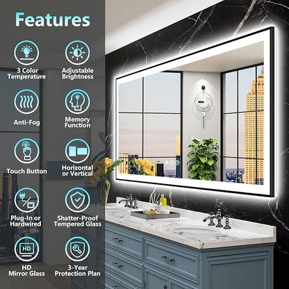 84x40 Black Framed LED Bathroom Mirror with Lights, Backlit and Front Lit Anti-Fog Lighted Vanity Mirrors for Bathroom Wall, Dimmable, 3 Colors, Memory, HD Tempered Glass, Horizontal/Vertical