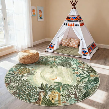 GarveeHome Round Area Rugs 5ft for Bedroom, Green Jungle Washable Circle Rug Soft Non Slip Forest Animal Print Floor Mat Tiger Carpet Indoor Thin Rug for Kids Room Dining Room Playroom Nursery