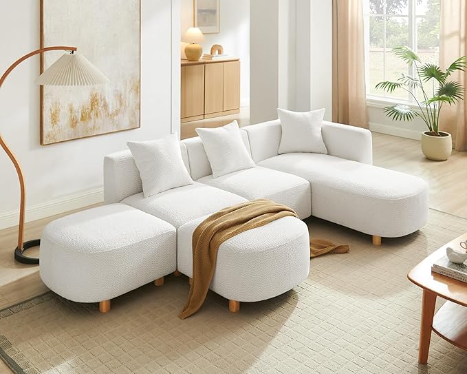 VANOMi 109.84" Modular Sectional Sofa with 3 Pillows, Convertible 5-Seater Comfy Boucle Cloud Couch with Ottoman, Modern Sectional Sofas for Living Room, Office, Apartment (White)