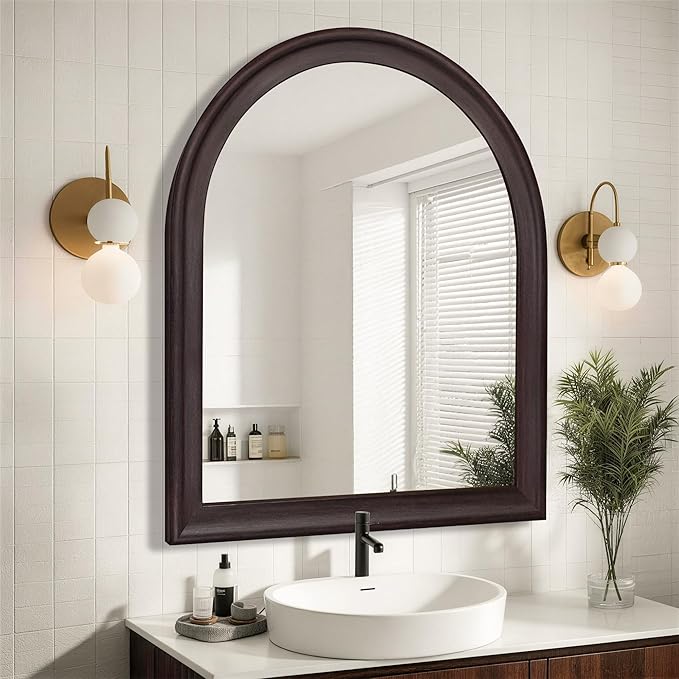 Tanmicoshomy Dark Brown Framed Arched Bathroom Mirror 30x36 Inch, Wall Mirrors with Tempered Glass for Living Room, Bedroom or Entryway