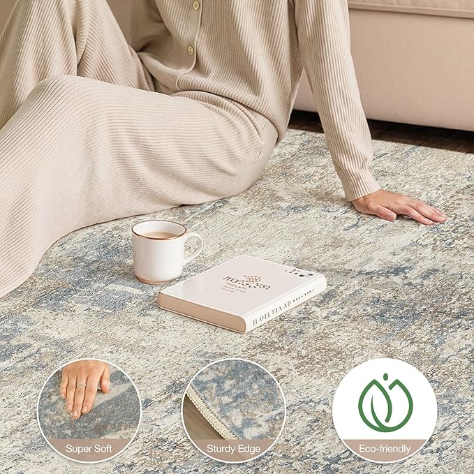 cotiled 3x5 Area Rugs for Living Room - Washable Neutral Abstract Carpet Non Slip Soft Rug for Bedroom & Dining Table, Robot Vacuum & Pet Friendly Floor Decor Grey Light Blue