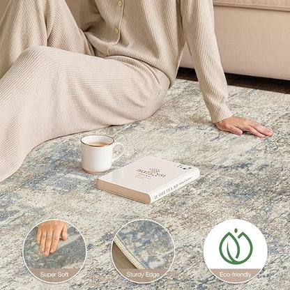 cotiled 3x5 Area Rugs for Living Room - Washable Neutral Abstract Carpet Non Slip Soft Rug for Bedroom & Dining Table, Robot Vacuum & Pet Friendly Floor Decor Grey Light Blue