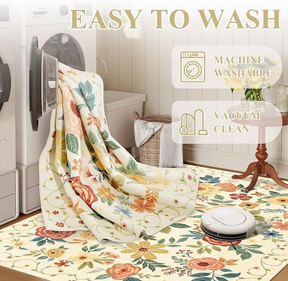DUKINO 2x6 Runner Rug for Hallway, Washable Kitchen Runner Rug with Non Slip Backing, Low Pile Soft Boho Floral Runner for Kitchen, Hallway, Entryway, Laundry, Bedroom, Beige Yellow