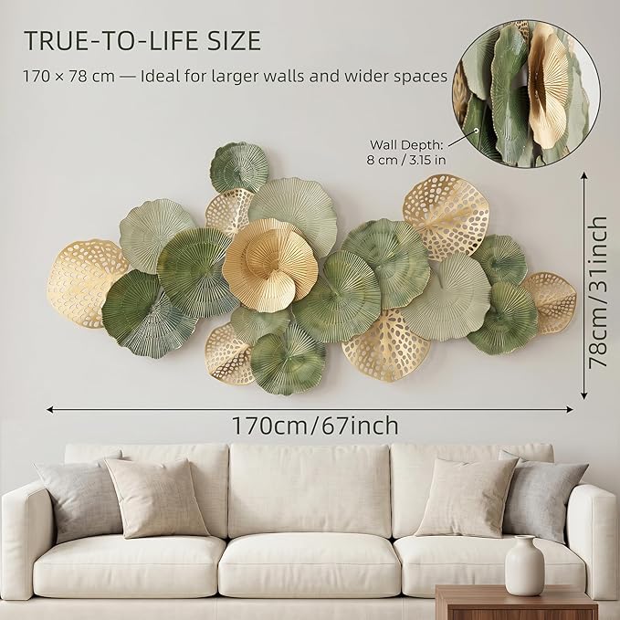 Axioglo Large Metal Wall Art Decor, 3D Abstract Lotus Leaf Design, Handcrafted Metal Wall Sculpture for Living Room, Bedroom & Entryway（67"）