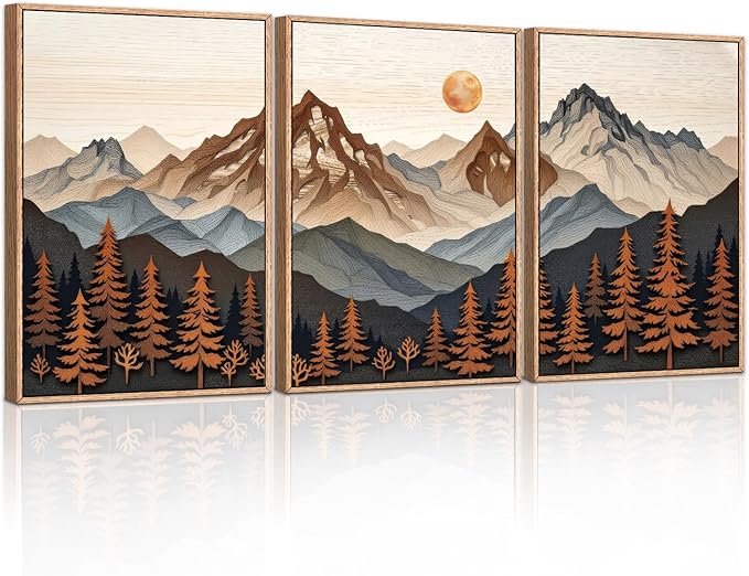 HLNIUC Boho Woodcut Mountain Framed Canvas Wall Art,Large Sun Forest Wall Decor,Orange Mid Century Sunrise Scene Artwork Set of 3 (24x36),Nature Colorado Peaks Prints for Living Room,Bedroom,Office