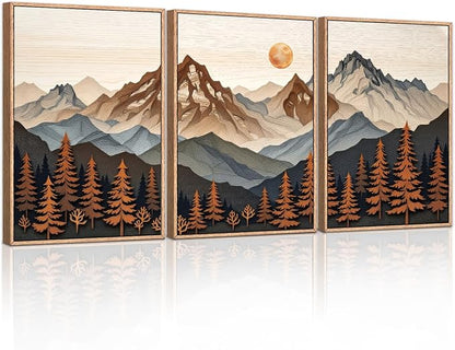 HLNIUC Boho Woodcut Mountain Framed Canvas Wall Art,Large Sun Forest Wall Decor,Orange Mid Century Sunrise Scene Artwork Set of 3 (24x36),Nature Colorado Peaks Prints for Living Room,Bedroom,Office