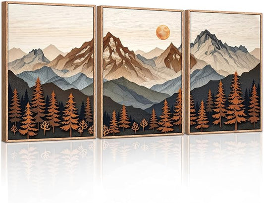 HLNIUC Boho Woodcut Mountain Framed Canvas Wall Art,Large Sun Forest Wall Decor,Orange Mid Century Sunrise Scene Artwork Set of 3 (24x36),Nature Colorado Peaks Prints for Living Room,Bedroom,Office