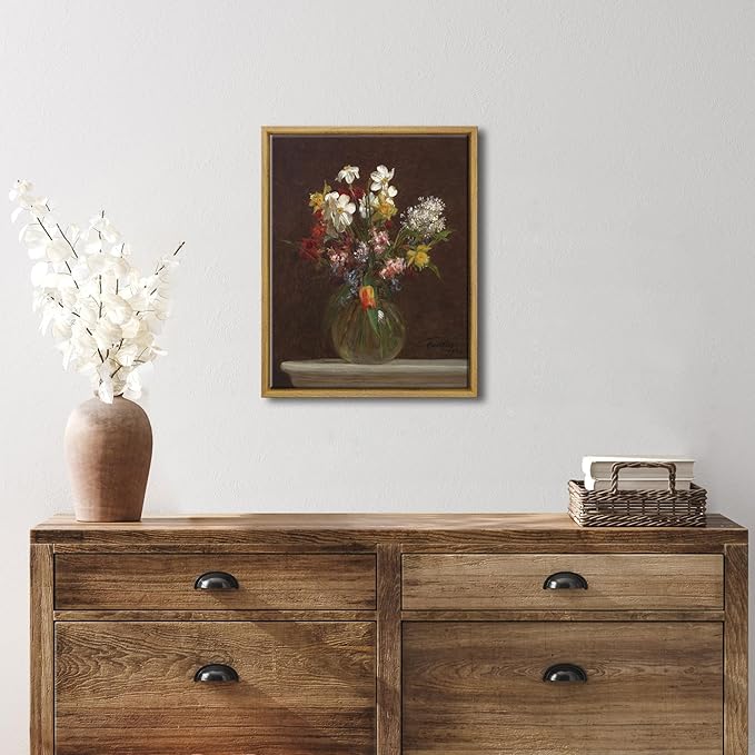 Pyradecor Framed Canvas Wall Art Vintage Decor Flowers in Vase Canvas Prints Classical Floral Painting Artwork Farmhouse Wall Decor for Living Room Decorations