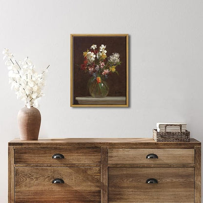 Pyradecor Framed Canvas Wall Art Vintage Decor Flowers in Vase Canvas Prints Classical Floral Painting Artwork Farmhouse Wall Decor for Living Room Decorations