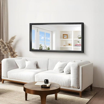Black Rectangle Mirror, 55 x 30 Inch Bathroom Mirrors for Over Sink, 0.6" Thickened Deep Frame Brushed Black Mirrors for Wall, Shatterproof Tempered Glass, Antirust, Horizontally or Vertically