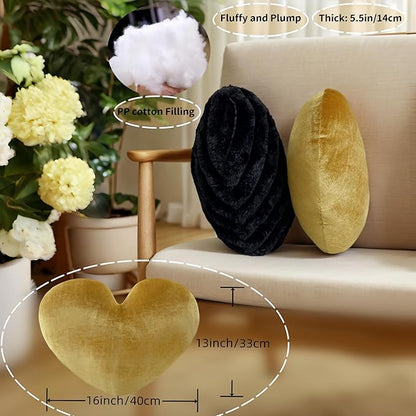 16 Inch Gold Heart Pillow Decorative Throw Pillows, Heart Shaped Soft Fluffy Cute Pillows Cushions for Valentines Wedding Couch Chair Bed Bedroom Room Home Decor Aesthetic (1, Gold, Medium-16"x13")