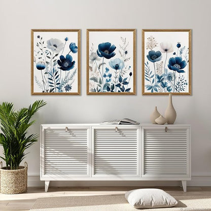DUWQU 3 Pcs Blue Floral Canvas Wall Art, Wood Framed Navy Blue Wildflower Lily Daisy Wall Decor, Watercolor Botanical Flower Home Poster Art Prints for Living Room Bedroom Bathroom 12×16 Inches