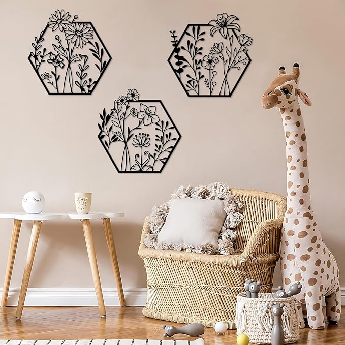 ESTART 3 Pcs Metal Flower Wall Decor Minimalist Floral Wall Hanging Decor Metal Flower Rustic Floral Art for Spring Bedroom Bathroom Living Room Kitchen Dining Room Decoration (Black)