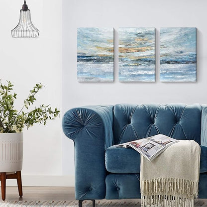Abstract Canvas Wall Art for Bedroom 3 Piece Ocean Painting Coastal Theme Artwork Blue and Yellow Sunset & Sunrise on the Beach Seascape Picture for Bathroom Living Room Light 12x16inchx3 panel