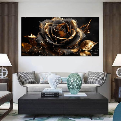 Ouzzlie Rose Picture Art for Living Room Flower Wall Decor Large Black and Gold Wall Art Artwork Floral Canvas Art Home Office 29" x 59"