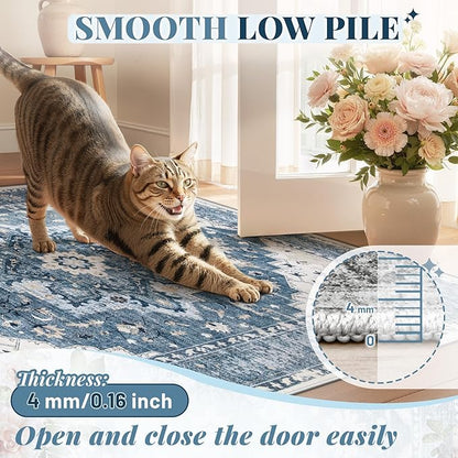 Area Rug 6x9 Vintage Rug: Washable Indoor Medallion Rugs Low Pile Distressed Floor Carpet Retro Accent Rug for Living Room Bedroom Kitchen Dining Table Home Office(Blue, 6'x9')