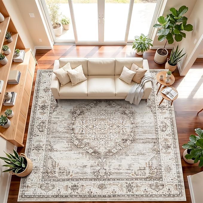 12x12 Square Area Rug: 12ft Square Washable Living Room Rugs Ultra Thin Soft Oriental Non-Slip Backing Farmhouse Rug Low Pile Thin Stain Resistant Indoor Carpets, 12' x 12' Beige