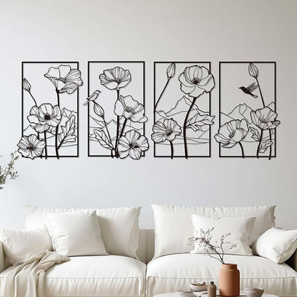 deeinglif Black Metal Wall Art Set of 4, 3D Metal Wall Decor for Living Room Bedroom Bathroom, Abstract Floral Mountain Nature Wall Sculptures, Modern Minimalist Iron Wall Art, 12 x 17 Inch