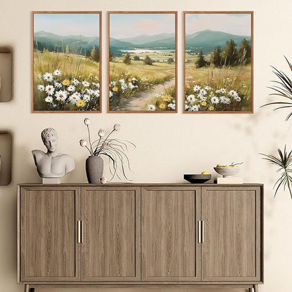 KAIRNE Field Canvas Wall Art,Vintage Landscape Wall Decor,Wildflower Prints Set of 3(16”X24”),Nature Botanical Floral Posters,Rustic Paintings for Kitchen Living Room Bedroom Farmhouse Decor,Framed