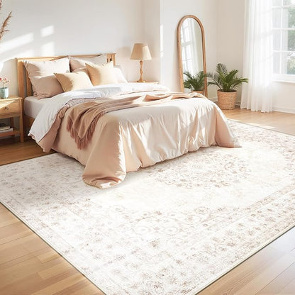 Area Rug 8x10 Vintage Rug: Large Washable Indoor Medallion Rugs Low Pile Distressed Floor Carpet Retro Accent Rug for Living Room Bedroom Kitchen Dining Table Home Office(Distressed Beige, 8'x10')