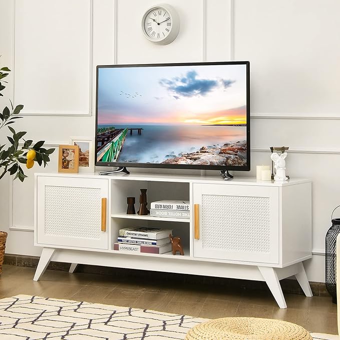 Tangkula Rattan TV Stand for TVs Up to 65", Entertainment Center, 3-Tier Adjustable Shelf, 2 Enclosed Weaved Cabinets, Cable Holes, Modern Media TV Console Table for Living Room