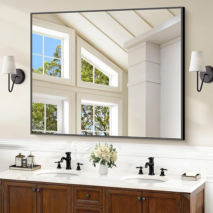 COFENY 40x48inch Black Bathroom Mirror, Black Rectangle Mirror with Frame, Large Rectangular Wall Mirrors for Bathroom, Living Room, Hair Salon, Big Farmhouse Mirror Hang Horizontal/Vertical