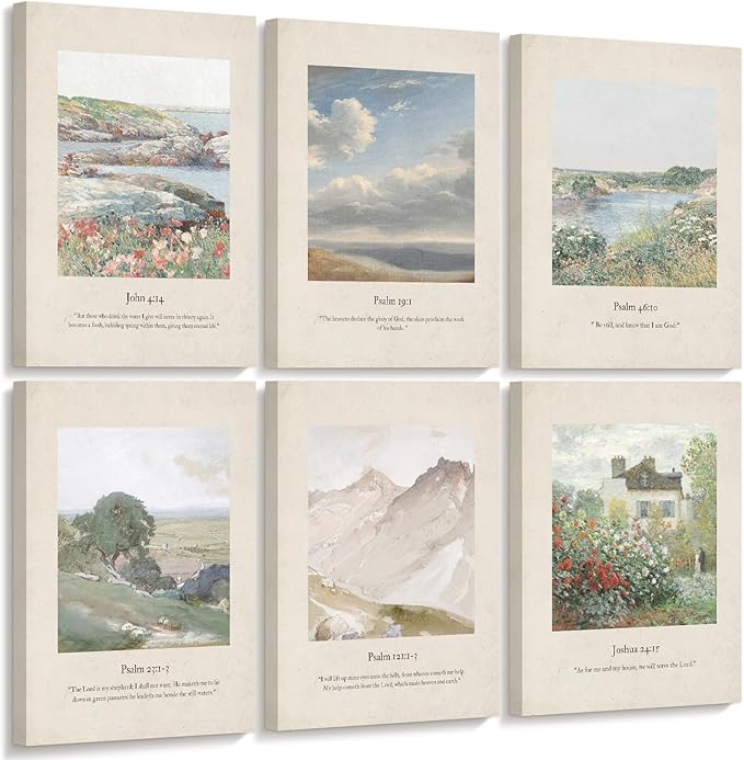 Christian Scripture Wall Art Set of 6 Bible Verse Canvas Wall Decor Psalm 23 Wall Art Religious Pictures Vintage Prints Christian Artwork Bible Verse Poster for Living Room 8x10 Inch Ready to Hang