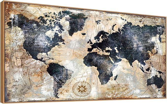Framed Wall Art World Map Canvas Art Print Picture Wall Decor Home Interior - Map Picture for Office Decor Travel Memory Nautical Canvas Artwork 24x48 inch Ready to Hang (Framed)