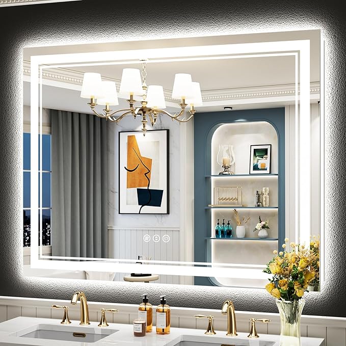50x40 LED Bathroom Mirror with Lights, Backlit and Front Lit Anti-Fog Lighted Vanity Mirrors for Bathroom Wall, Dimmable, 3-Color Light, Memory, Shatter-Proof, HD Tempered Glass, CRI＞90