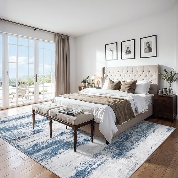 Area Rugs 10x12 Living Room - Washable Rug Modern Abstract Soft Large Neutral Non-Slip Carpet Indoor Floor Thin Carpets for Bedroom Dining Room Farmhouse Nursery Home Office White Blue Grey