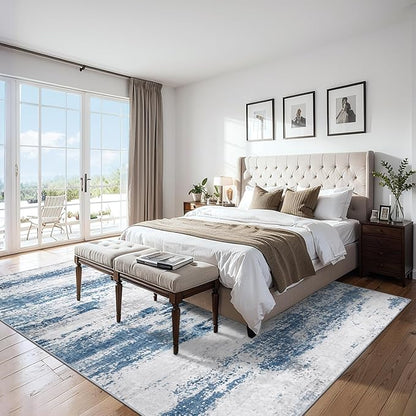 Area Rugs 10x12 Living Room - Washable Rug Modern Abstract Soft Large Neutral Non-Slip Carpet Indoor Floor Thin Carpets for Bedroom Dining Room Farmhouse Nursery Home Office White Blue Grey