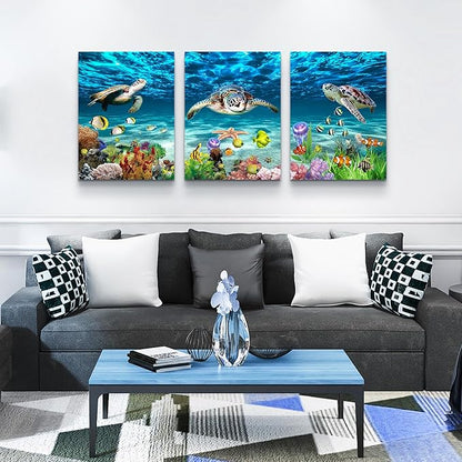 Lapremoly Family Wall Decor for Living Room Canvas Wall Art for Bedroom Bathroom Wall Decoration Ocean Sea Turtle Scenery Paintings Modern Pictures Artwork office Ready to Hang Home Decor 3 Pieces