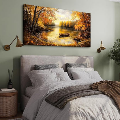 SERIMINO Fall Wall Art, Landscape Wall Art, Large Wall Decor, Lake Boat Forest Canvas Art Prints, Gold Autumn Nature Pictures, Rustic Paintings for Living Room Bedroom Dining Room Office Farmhouse 29"X57"